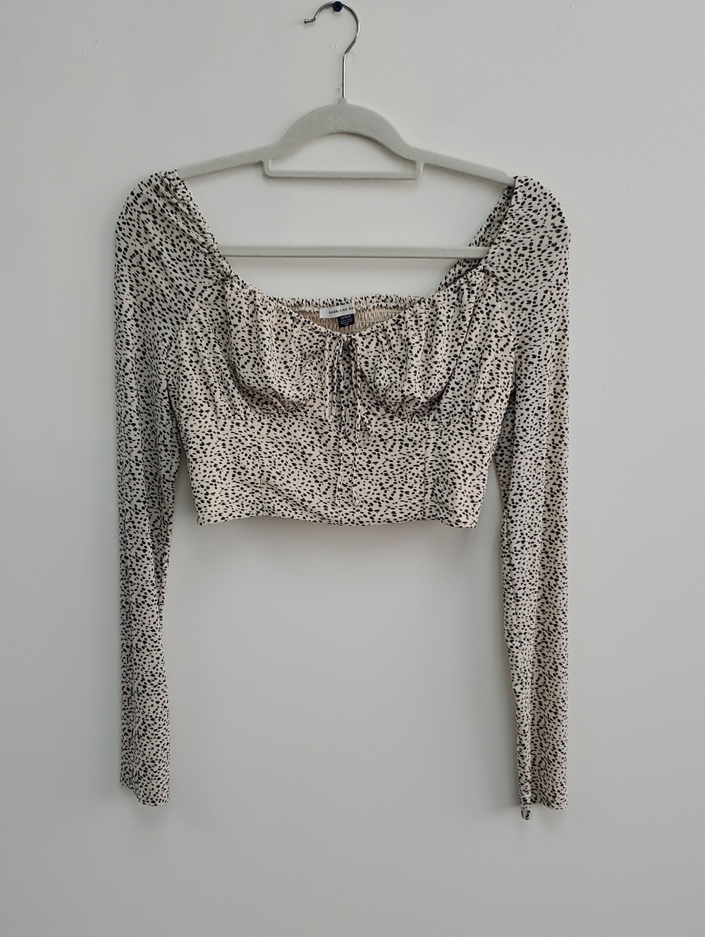 American Eagle Outfitters Cream Cropped Long-Sleeve Top with Micro Leopard Print
